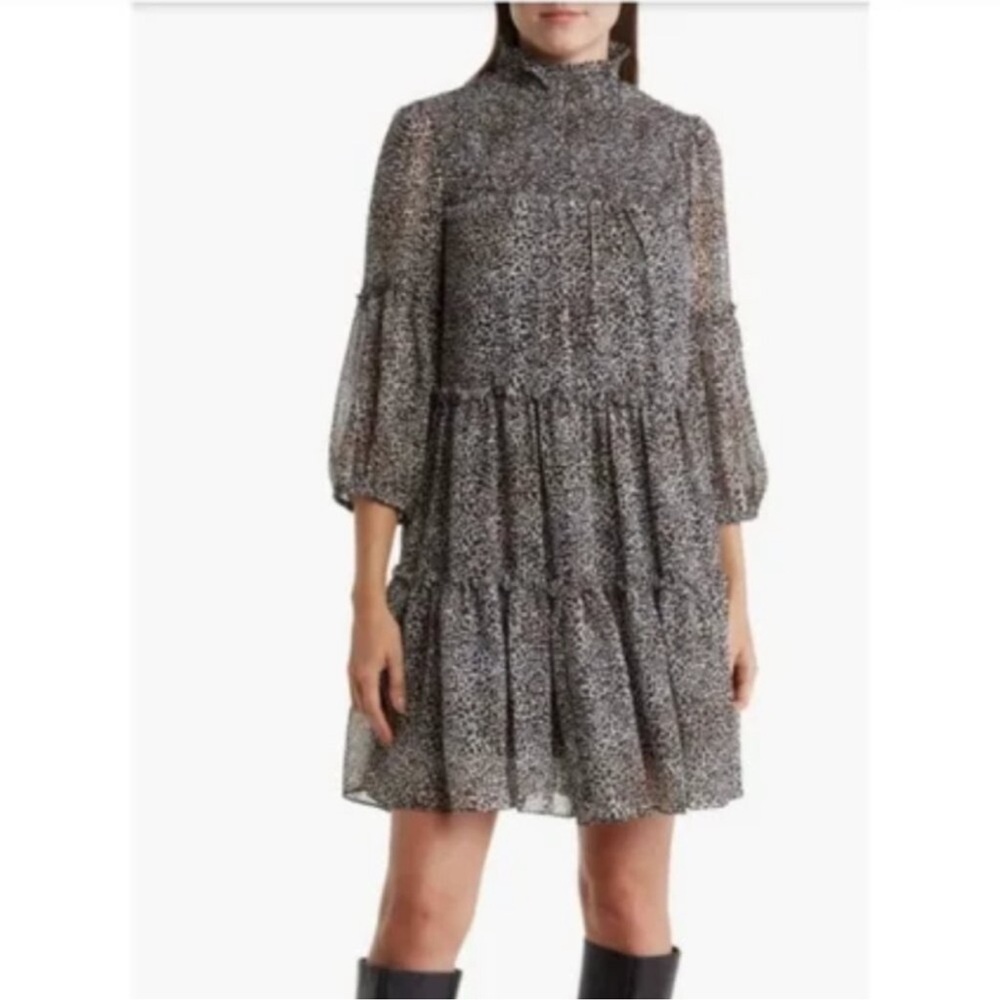 Taylor Women's Black leopard Tiered Long-Sleeve Mini Dress